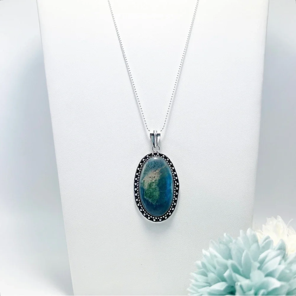 Large Chunky Shattuckite Pendant Necklace Sterling Silver 925 Oval Vintage New - Picture 2 of 6
